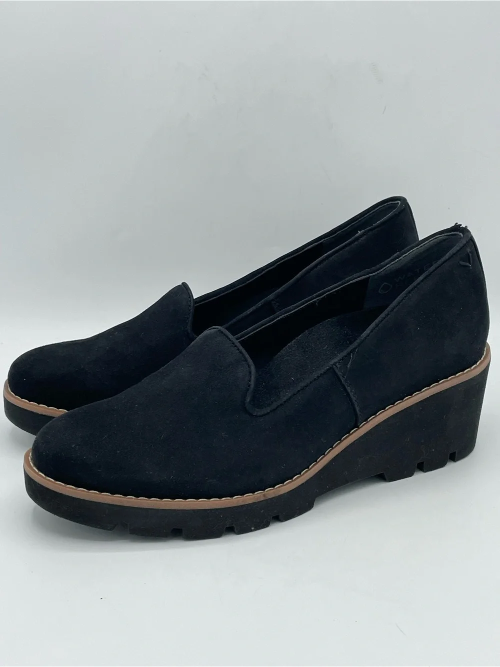 Vionic Willa Black Suede Wedge Loafers - Slip-On Comfort.